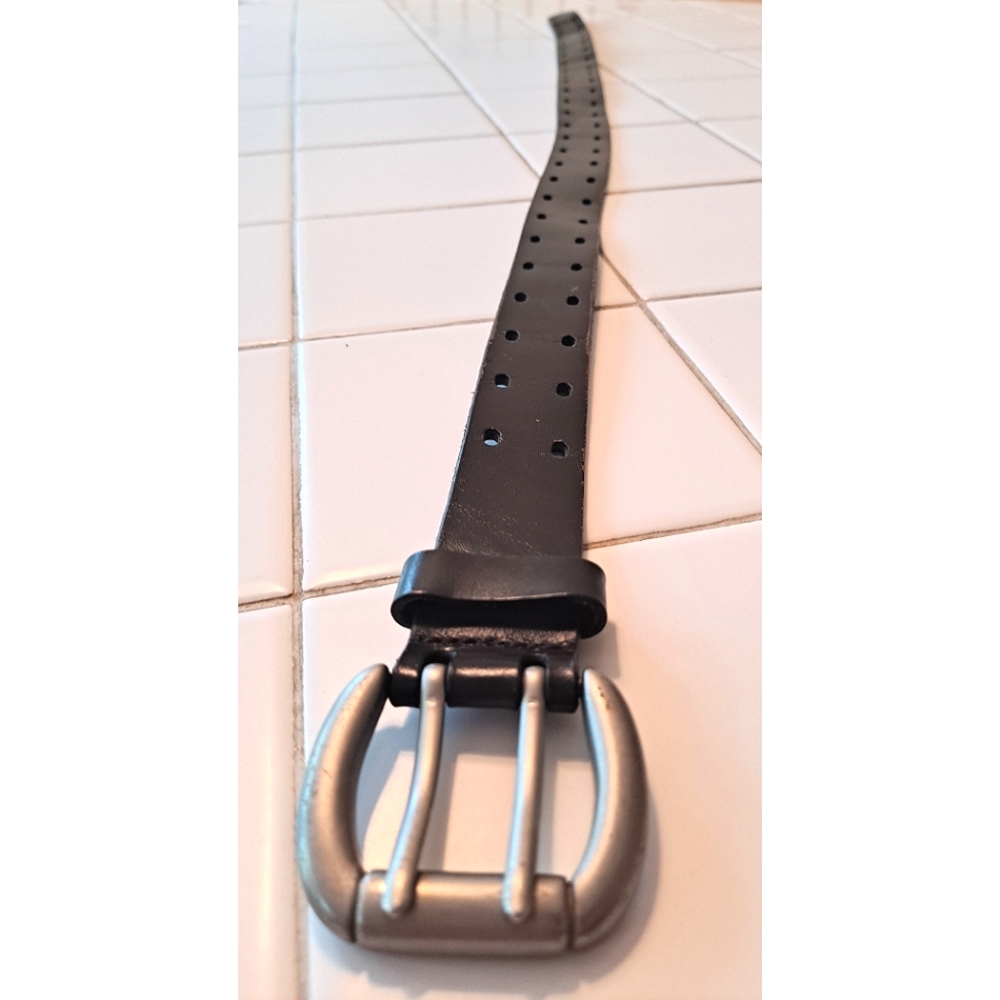 Dark brown leather belt multiple holes with buckle adjustable size small formal